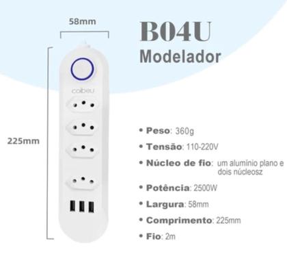 Imagem de Extensão Régua Elétrica 2 Metros 4 Tomadas 3 USB Bivolt 110/220v Filtro de Linha - Envio Rápido