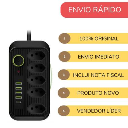 Imagem de Extensão Régua Elétrica 2 Metros 5 Tomadas 4 Usb 1 Usb-c