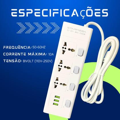 Imagem de Extensão Régua Filtro De Linha 3 Tomadas 3 Usb Bivolt Cabo 2metros