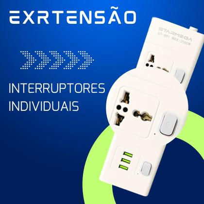 Imagem de Extensão Régua Filtro De Linha 3 Tomadas 3 Usb Bivolt Cabo 2metros