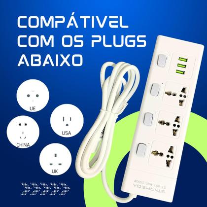 Imagem de Extensão Régua Filtro De Linha 3 Tomadas 3 Usb Bivolt Cabo 2metros
