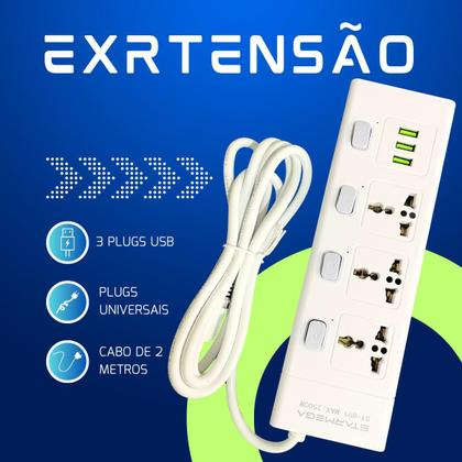 Imagem de Extensão Régua Filtro De Linha 3 Tomadas 3 Usb Bivolt Cabo 2metros