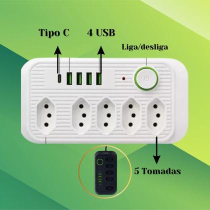 Imagem de Extensão Regua Filtro De Linha Preta 5 Tomadas 4 Usb Tipo Cabo Fio 1,8 metros Pronta Entrega