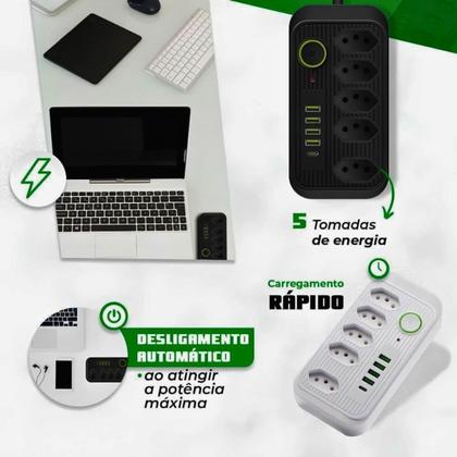 Imagem de Extensão Regua Filtro De Linha Preta 5 Tomadas 4 Usb Tipo Cabo Fio 1,8 metros Pronta Entrega