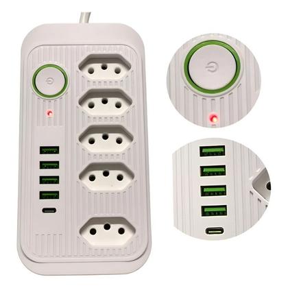 Imagem de Extensão Regua Filtro De Linha Preta 5 Tomadas 4 Usb Tipo Cabo Fio 1,8 metros Pronta Entrega