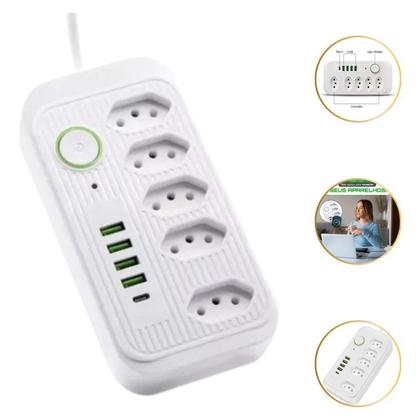 Imagem de Extensão Regua Filtro De Linha Preta 5 Tomadas 4 Usb Tipo Cabo Fio 1,8 metros Pronta Entrega