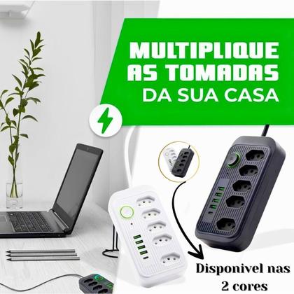 Imagem de Extensão Regua Filtro De Linha Preta 5 Tomadas 4 Usb Tipo Cabo Fio 1,8 metros Pronta Entrega