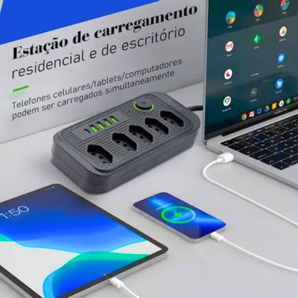 Imagem de Extensão Regua Filtro De Linha Preta 5 Tomadas 4 Usb Tipo Cabo Fio 1,8 metros Pronta Entrega