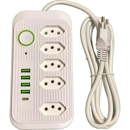 Imagem de Extensão Regua Filtro De Linha Preta 5 Tomadas 4 Usb Tipo Cabo Fio 1,8 metros Pronta Entrega