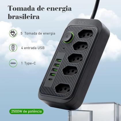 Imagem de Extensão Tomada, 5 Tomadas, 4 Interfaces USB, 1 Porta USB TipoC, Cabo de Alimentação de 5 Metros