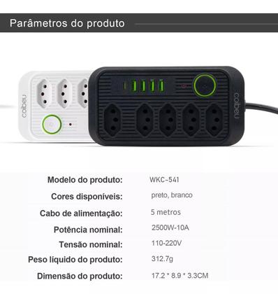 Imagem de Extensão Tomada, 5 Tomadas, 4 Interfaces USB, 1 Porta USB TipoC, Cabo de Alimentação de 5 Metros