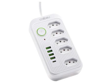 Imagem de Extensão Tomada, 5 Tomadas, 4 Interfaces USB, 1 Porta USB TipoC, Cabo de Alimentação de 5 Metros