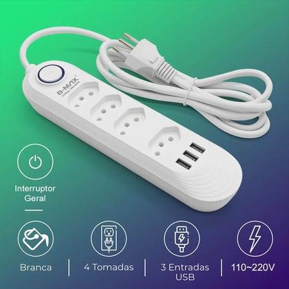 Imagem de Extensão Tomada Filtro de Linha 4 Tomadas + 3 USB Proteção e Carga Rápida 2500W