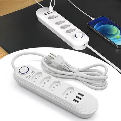 Imagem de Extensão Tomada Filtro de Linha 4 Tomadas + 3 USB Proteção e Carga Rápida 2500W
