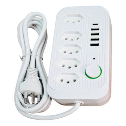 Imagem de Extensão Tomada Régua de Energia 5 Tomadas 4 USB 1 USB Tipo-C Carregar Celular Cabo 2 metros Bivolt 110v 220V 2500W