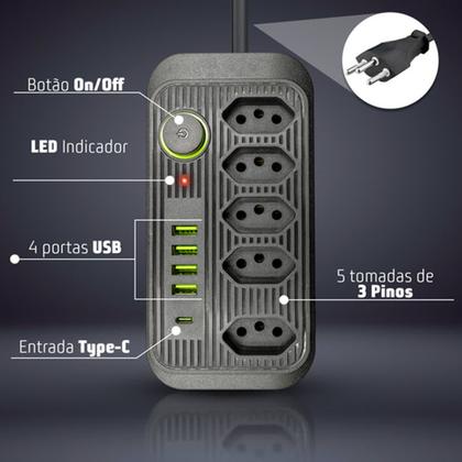 Imagem de Extensão Tomada Régua de Energia 5 Tomadas 4 USB 1 USB Tipo-C Carregar Celular Cabo 2 metros Bivolt 110v 220V 2500W