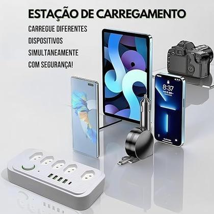 Imagem de Extensão Tomada Régua de Energia 5 Tomadas 4 USB 1 USB Tipo-C Carregar Celular Cabo 2 metros Bivolt 110v 220V 2500W