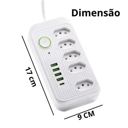 Imagem de Extensão Tomada, Régua Tomada, Régua de Energia, 5 Tomadas, 4 Interfaces USB, 1 Porta USB Tipo-C, Cabo 2 Metros
