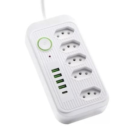 Imagem de Extensão Tomada, Régua Tomada, Régua de Energia, 5 Tomadas, 4 Interfaces USB, 1 Porta USB Tipo-C, Cabo 2 Metros