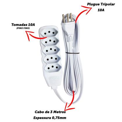 Imagem de Extensão Tripolar Bivolt 5 Tomadas 10A Cabo 3 X 0,75mm 3 Metros - Force Line