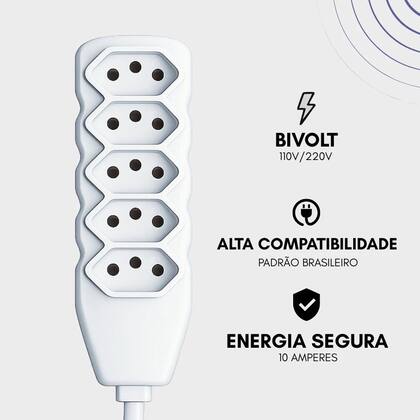 Imagem de Extensão Tripolar em Barra 10 Metros Branco 5 Tomadas 10 Amperes Forceline