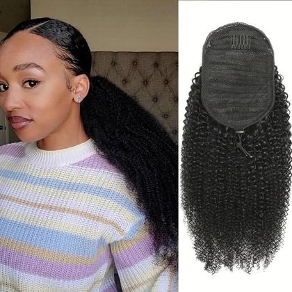 Imagem de Extensões De Cabelo Humano Remy Mongol 4B 4C De 10 a 24 Polegadas, Rabo De Cavalo Afro Cacheado Com