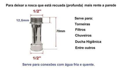 Imagem de Extensor Cromado Prolongador Longo Torneira Chuveiro 1/2''
