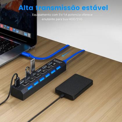Imagem de Extensor Hub Usb 3.0 Switch 7 Portas Pc Notebook Hd High Speed Preto - Envio Rápido