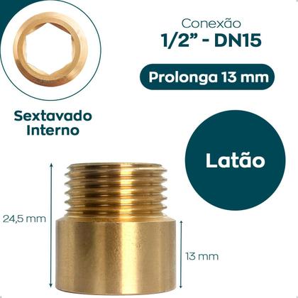 Imagem de Extensor Mini 13mm Conexão ½ Pol Latão Sextavado Interno Alongador Curto Para Instalações Hidráulicas Ponto Dagua Prolonga 13mm