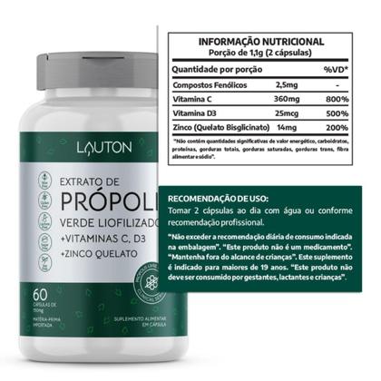 Imagem de Extrato Propolis Verde Concentrado com Vit C + D3 + Zinco - 60 comprimidos Lauton