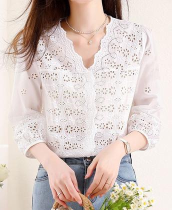 Imagem de F1602-Camisa Feminina Blusa Branca Renda Lese Laise Social Festa Réveillon Batizado Elegante Plus Size Manga 3/4