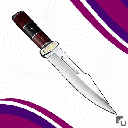 Imagem de Faca Aço Inox com Detalhe Dourado e Cabo Madeira para Churrasco Camping Caça Pesca - Luatek