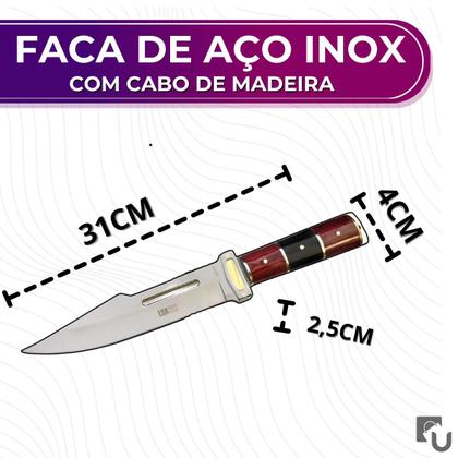 Imagem de Faca Aço Inox com Detalhe Dourado e Cabo Madeira para Churrasco Camping Caça Pesca - Luatek
