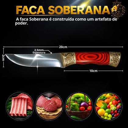 Imagem de Faca Artesanal de Aço Inox com Cabo de Madeira Detalhes Dourados e Bainha Ideal para Churrasco Cozinha e Camping