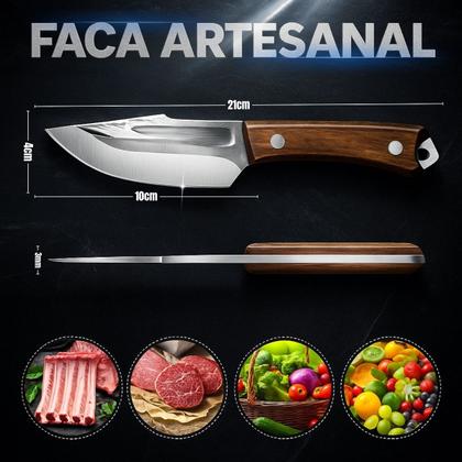 Imagem de Faca Artesanal Multiuso Cozinha Churrasco Camping Corte Preciso Lâmina Aço Inox Cabo Madeira Estojo Material Sintético Carnes Legumes