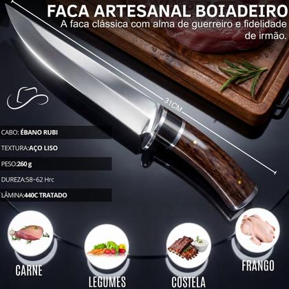 Imagem de Faca Boiadeira Artesanal Aço Inox Full Tang 31cm Com Bainha