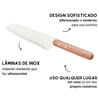 Imagem de Faca japonesa santoku profissional aço inox cabo madeira afiada