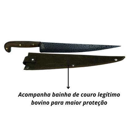 Imagem de Faca sorocabana craquelada mata porco artesanal lâmina inox cabo madeira rustico + bainha couro para cozinha churrasco