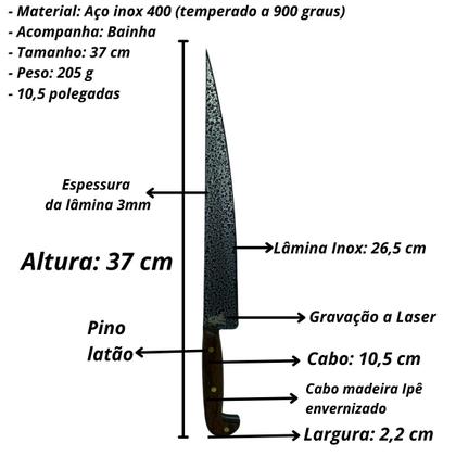 Imagem de Faca sorocabana craquelada mata porco artesanal lâmina inox cabo madeira rustico + bainha couro para cozinha churrasco