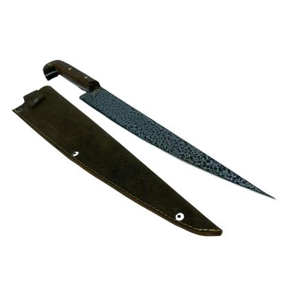 Imagem de Faca sorocabana craquelada mata porco artesanal lâmina inox cabo madeira rustico + bainha couro para cozinha churrasco