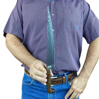 Imagem de Faca sorocabana craquelada mata porco artesanal lâmina inox cabo madeira rustico + bainha couro para cozinha churrasco