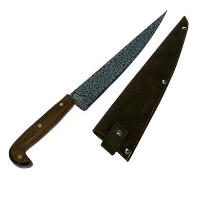 Imagem de Faca sorocabana craquelada mata porco artesanal lâmina inox cabo madeira rustico + bainha couro para cozinha churrasco