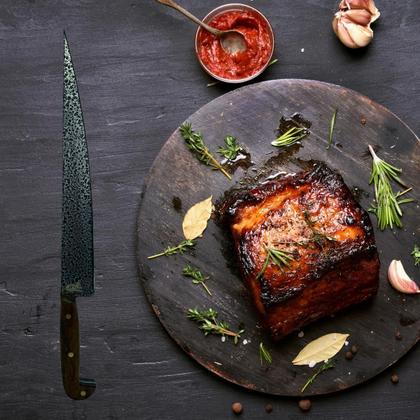 Imagem de Faca sorocabana craquelada mata porco artesanal lâmina inox cabo madeira rustico + bainha couro para cozinha churrasco