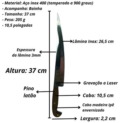 Imagem de Faca Sorocabana mata porco artesanal lâmina aço inox cabo madeira detalhe rustico + bainha couro para cozinha churrasco