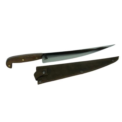Imagem de Faca Sorocabana mata porco artesanal lâmina aço inox cabo madeira detalhe rustico + bainha couro para cozinha churrasco