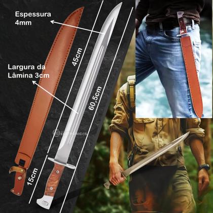 Imagem de Facão Baioneta Full Tang com Lâmina Inox 45cm e Bainha em Couro SLKK29