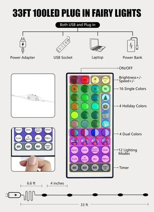 Imagem de Fairy String Lights Minetom 33 pés 100 LED 24 cores USB