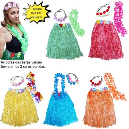 Imagem de Fantasia Adulto Havaiana Festa Temática Tropical Luau Carnaval Hawaiana: Saia + Colar + 2 Tiaras Flores Cores Sortidas