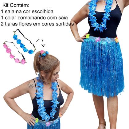 Imagem de Fantasia Adulto Havaiana Festa Temática Tropical Luau Carnaval Hawaiana: Saia + Colar + 2 Tiaras Flores Cores Sortidas