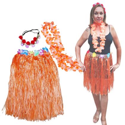 Imagem de Fantasia Adulto Havaiana Festa Temática Tropical Luau Carnaval Hawaiana: Saia + Colar + 2 Tiaras Flores Cores Sortidas